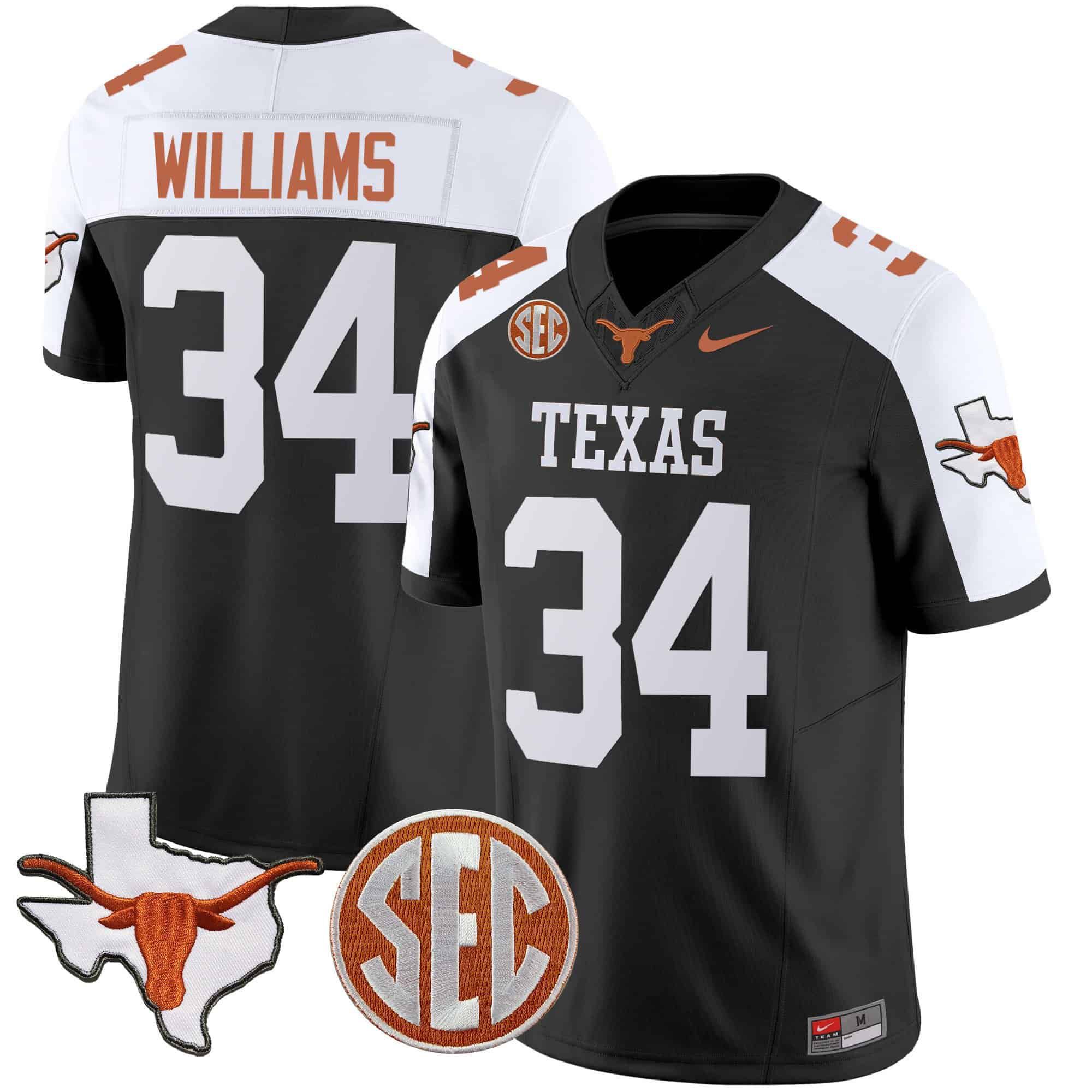 Men Texas Longhorns #34 Williams Black 2024 Nike State Map & SEC Patch Vapor NCAA Jersey